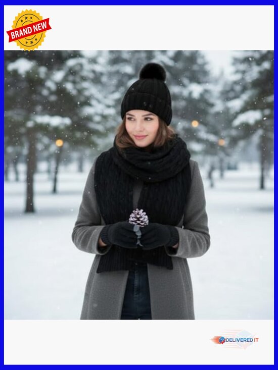 6 Pc Winter Knit Set: Beanie Scarf Gloves Earmuffs Socks
